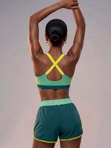 Powerista Green Colorblock Yellow Wide Shoulder Straps Sports Bra And Women's Gym Shorts Set For Running & HIIT Workout Women Summer Gym Sets - Green - View 3