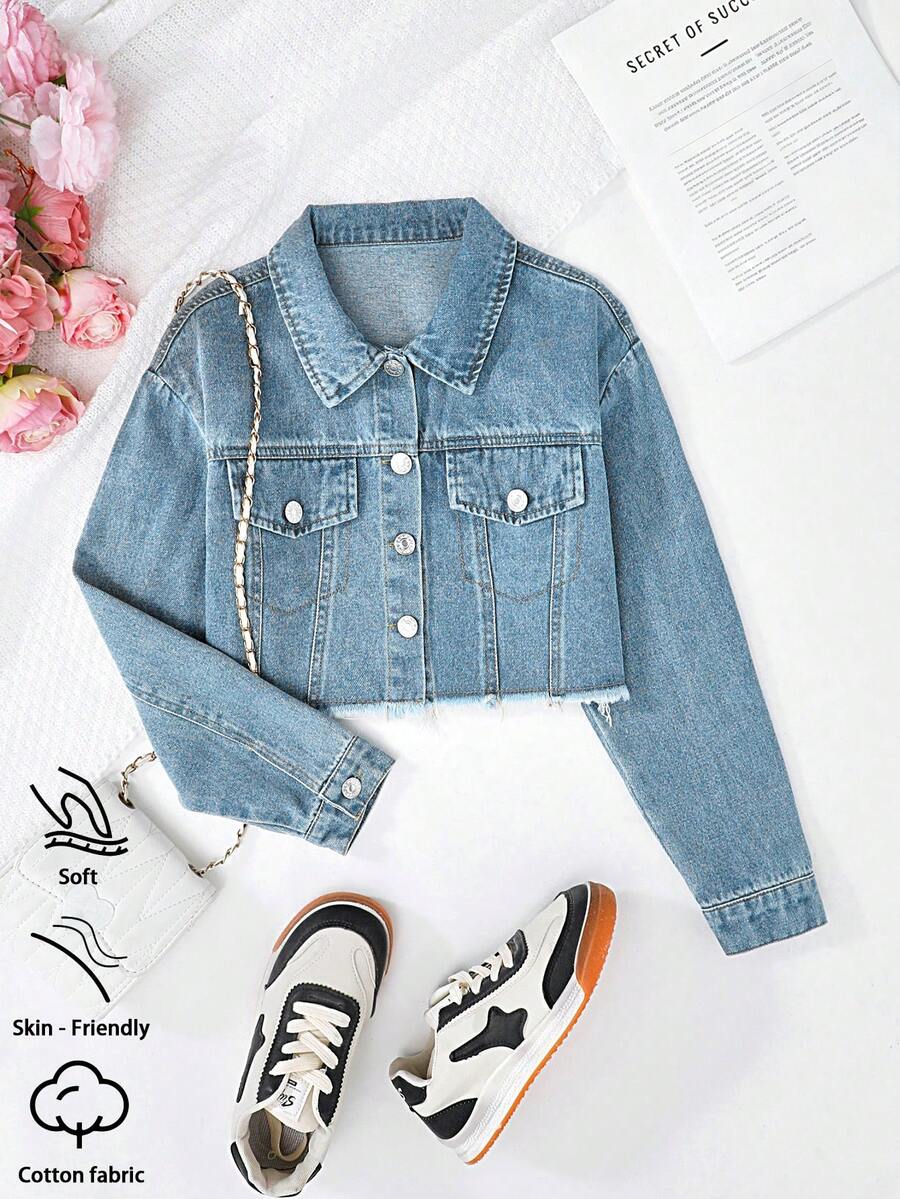 Girls' Personalized Versatile Comfortable Casual Vacation Fashion Washed Soft Distressed Street Style Daily Wear Loose Non-Stretch Short Denim Long Sleeve Jacket Lightweight Spring Autumn