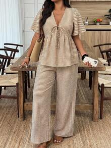 Weeklong Women's Plus Size Spring/Summer Casual Vacation Striped Front Tie Short Sleeve Shirt And Pants 2-Piece Set - Multicolor - View 6
