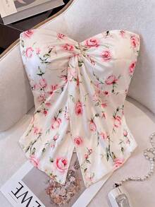 GlowEve CURVE Pink Rose Satin Knit Twisted Knot Sleeveless Bandeau Top, Elegant Design, Suitable For Daily Wear, Vacation, Commute, Valentine's Day Date Formal - Multicolor - View 7