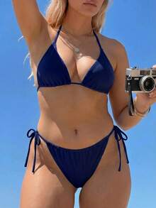 SHEIN Swim Curve 大尺碼女款夏季海灘純色掛脖綁帶性感比基尼三角褲兩件式泳衣套裝 - 藏蓝色 - 查看 6