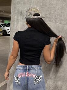 StreetHx Fashionable Casual Disco Street Style Sexy Open Front Camouflage Denim Jacket Club Party Black Summer - Black - View 2