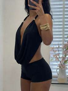 SHEIN SXY 性感動物印花掛脖上衣與超短褲套裝 - 黑色 - 查看 1