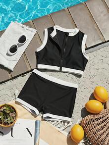 DAZY Sleeveless Colorblock Cute Two-Piece Swimwear Set For Young Girl Summer - Black - View 4