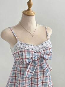 Elamini 女款夏季格紋細肩帶蕾絲飾邊A字迷你休閒洋裝 - 彩色 - 查看 4