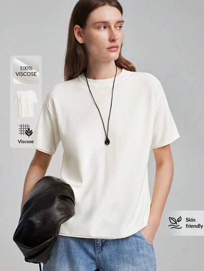 Ontre 2026 New Summer Women's Knit Top Loose Fit Beige Short Sleeve Knit Round Neck Design Unisex Casual Commute Urban Modern Minimalist Elegant Tea Party Independence Day Old Money Style Teacher Outfit Women's Office Wear Holiday Dress Vacation Date Outfit Women's Outwear Fashion Versatile Women's Knit Top