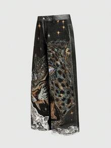 ROMWE MEN Street Life Men's Tiger Rhinestone Embossed Distressed Straight Leg Jeans - Black - View 3