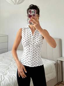 SHEIN EZwear 白色波點 V 領收腰上衣，日常夏季法式風格，70 年代復古優雅，適合茶會、度假、上班、辦公室、早午餐 - 白色 - 查看 3