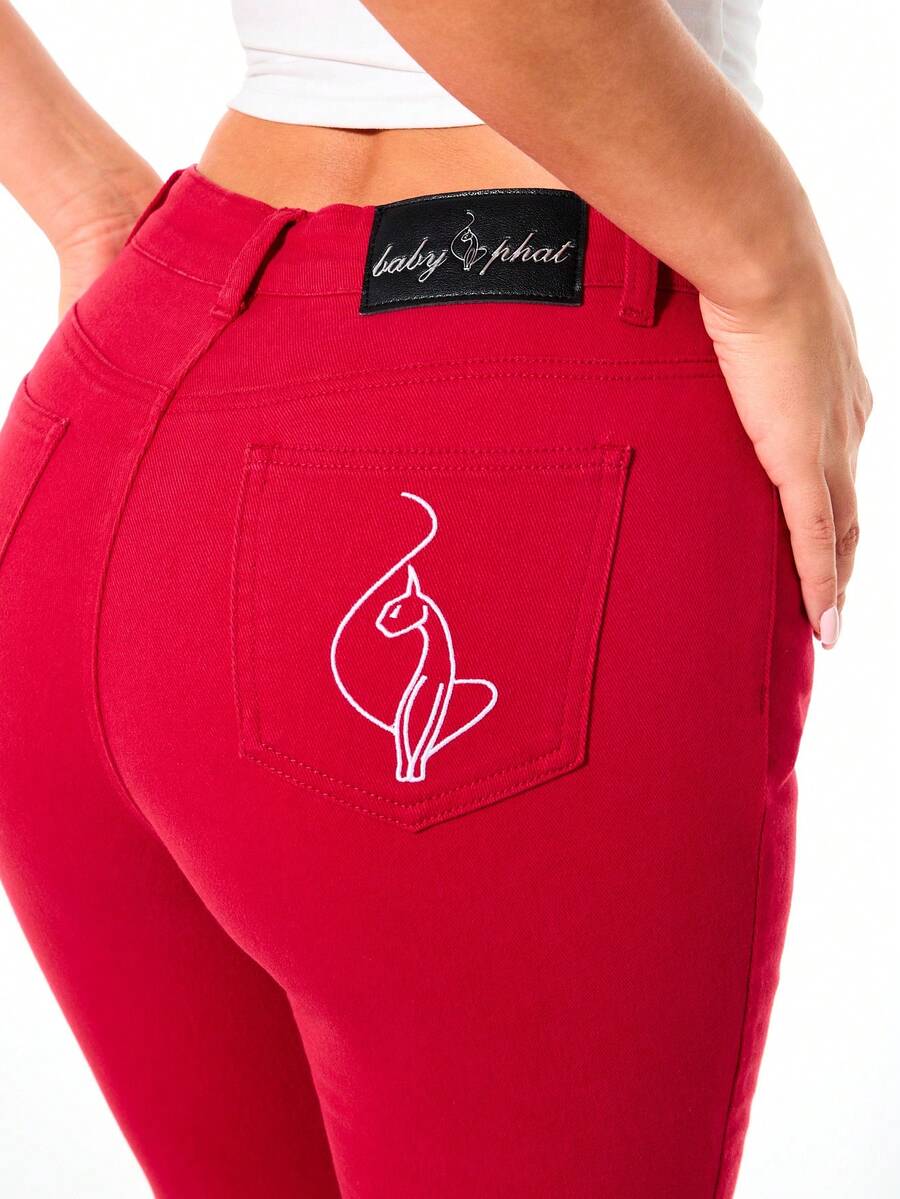BABYPHAT Stretch Capri Jeans With Iconic Cat Logo Embroidery And Side Slit Hem Detail , Fourth Of July - Red - View 1
