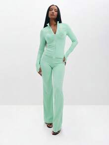 BABYPHAT Plus Size Flare Leg Pants With Cat Logo And Slogan Print, High Waist Bootcut - Mint Green - View 4