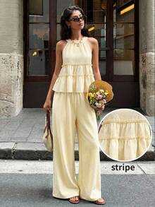 Serisse Women's Solid Color Sleeveless Top And Pants Casual 2 Pieces Set,Summer Outfits For Women - Khaki - View 8