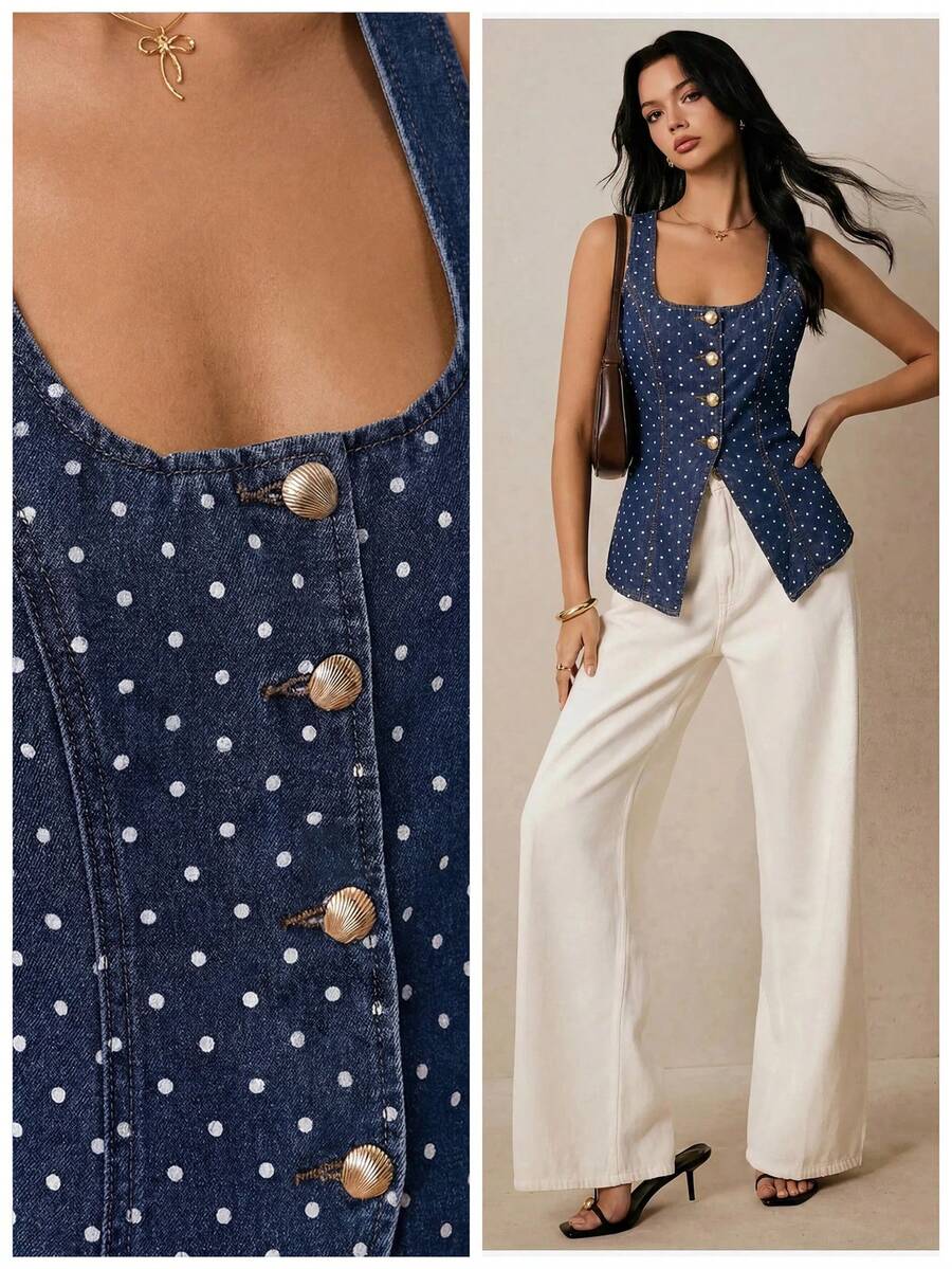Poéselle Women's Polka Dot Single-Breasted Casual Versatile Daily Outing Denim Top, Summer Top, Elegant, Casual, Commuter, Holiday, Vacation, Versatile Top. - Blue - View 1