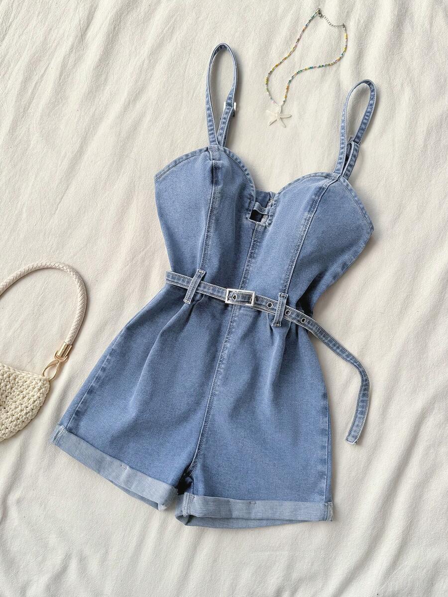 Elamini Women's Waist Corn Buckle Design Suspender Denim Romper - Light Wash - View 1