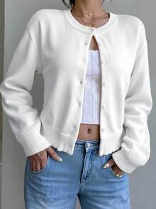 SHEIN Teen Girl Casual Versatile Solid Color Cardigan Back-To-School Graduation White Autumn - White - View 6