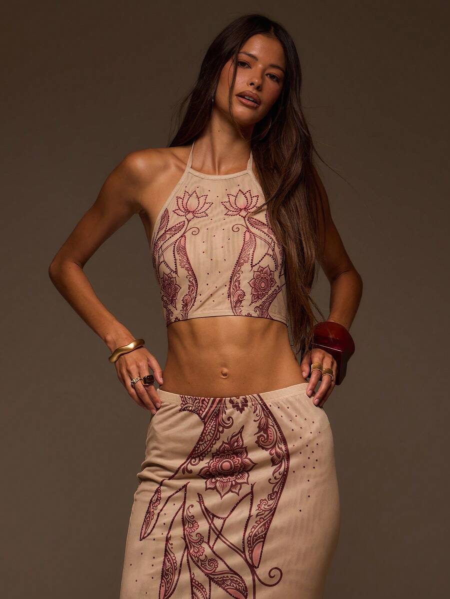 MUSERA Nude Hotfix Henna Detail Halterneck Fitted Crop Top - Multicolor - View 1