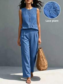 SHEIN LUNE CURVE Women's Plus Size Elegant Commute Casual Vacation Fashion Blue Lace Patchwork Button Sleeveless Top And Pants 2-Piece Set - Blue - View 1