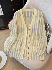 SHEIN LUNE 大尺碼女款條紋長袖單排扣休閒針織開襟外套 - 彩色 - 查看 8