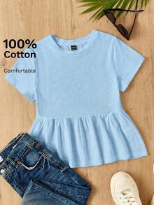 SHEIN EZwear Women's Casual Round Neck Short Sleeve Pleated Hem T-Shirt Vacation Light Blue Summer - Baby Blue - View 6