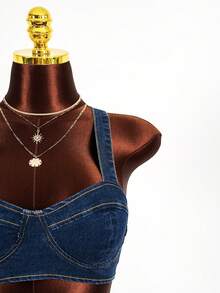 Amplova Women's Sexy Cropped Denim Top With Shoulder Eyelet Buckle Design Summer Tops Party Top Beach Top Going Out Tops Casual Top Y2K Tops Blue Top - Dark Wash - View 3
