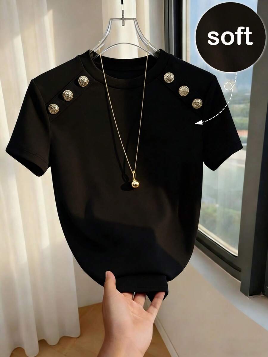 Franclia Damen einfarbiges Rundhals T-Shirt mit Knopfdekor, figurbetont, Kurzarm Tops für den täglichen Gebrauch, Schwarz-Gold, Sommer, Lässig, Elegant, Büro vielseitig weiches T-Shirt - Schwarz - Übersicht 1
