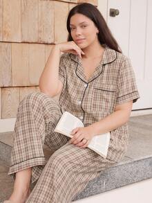 Doze Lane Plaid Lapel Short Sleeve Long Pants Plus Size Pajama Set - Brown - View 1