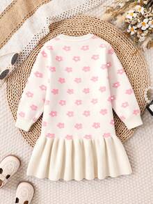 SHEIN Playful Pals 女童毛衣洋裝，時尚可愛圓領標準版型卡通花卉提花針織洋裝，柔軟舒適，適合春、秋、冬三季，完美適用於日常穿著、外出、旅行、度假、居家與托兒所，適合兒童玩耍 - 白色 - 查看 2