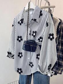 1件青少年女孩翻領長袖鈕扣式直條紋襯衫，胸前刺繡圖案，休閒上衣，夏季校園白色 - 黑色 - 查看 1
