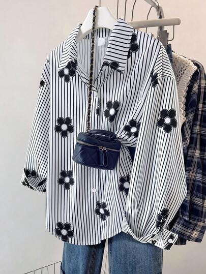 1pc Girls' Big Kids' Turn-Down Collar Long Sleeve Button-Up Vertical Striped Shirt With Embroidered Graphic On Chest, Casual Top, Autumn