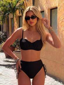 SHEIN Swim Plus Size 2026 Spring/Summer Hot-Selling New Digital Print Push-Up Underwire Shell Hard Cup Swimwear With Detachable Adjustable Shoulder Straps, Easy On/Off High-End Metal Back Clasp, Traditional Sexy High-Waist Triangle Bikini Bottom With Side Tie-Up Adjustable Design, Casual Fashion Vacation Beach Swimwear - Brown - View 5