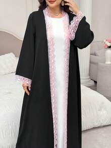 Al Najma Women's Elegant Minimalist Fashionable Placket Cuff Lace Patchwork Exquisite Summer Plus Size Long Sleeve Abaya - Black - View 7