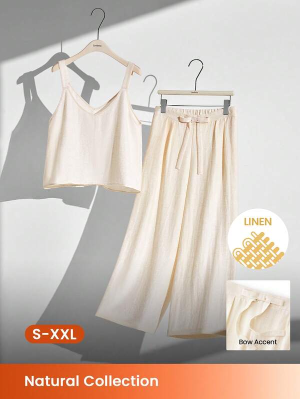 LUVLETTE Women's Linen Breathable Summer Pajamas Loungewear Set Sleeveless Cami V Neck Top With Wide Leg Pants