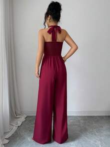 SHEIN Elenzya Damen einfarbiger Jumpsuit mit gerafftem Neckholder und geraffter Taille - Rot - Übersicht 2