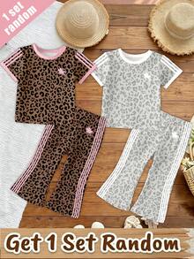 (Random 2 Sets, Send 1 Set)Baby Girl Fashion Personalized Leopard Print Knight Horse Pattern Striped Print Basic Short T-Shirt & Flared Long Pants Set - Multicolor - View 3