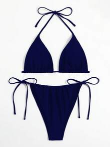 SHEIN Swim Curve 大尺碼女款夏季海灘純色掛脖綁帶性感比基尼三角褲兩件式泳衣套裝 - 藏蓝色 - 查看 5