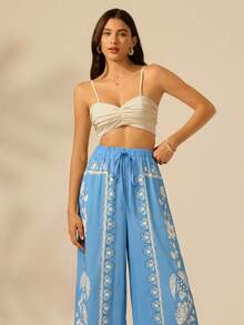 CAJUNI Women's Boho Tropical Plant Print Long Pants, Casual Vacation Beach Summer Extra Long Wide Leg Pants - Baby Blue - View 6