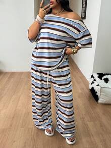Coolane Women's Plus Size Summer Streetwear Casual Basic Daily Wear Going Out Office Comfy Blue And Brown Stripes Off Shoulder T-Shirt Wide Leg Outfits - Blue and White - View 7