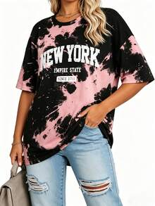EMERY ROSE Plus Size Women New York Letter Black And White Print Loose Mid-Length Short Sleeve Round Neck T-Shirt Semi Formal Summer - Multicolor - View 4