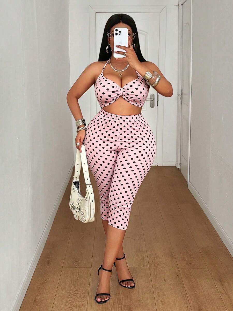 Maweii Plus Size Women Polka Dot Print Cropped Halter Tank Top And 3/4 Length Leggings Sexy Cute 2-Piece Set Vacation Dusty Pink Summer - Pink - View 1