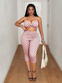 Maweii Plus Size Women Polka Dot Print Cropped Halter Tank Top And 3/4 Length Leggings Sexy Cute 2-Piece Set Vacation Dusty Pink Summer - Pink - View 3
