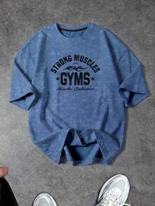 Sport MetroGents Men's Letter Print Short Sleeve Casual Fitness Sports T-Shirt - Blue - View 3