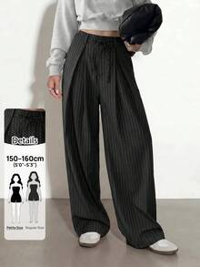SHEIN PETITE Women's Casual Business Casual Black And White Striped Striped Trousers, High-Quality And Comfortable Texture, New Style For Summer And Autumn 2026 - Black - View 2