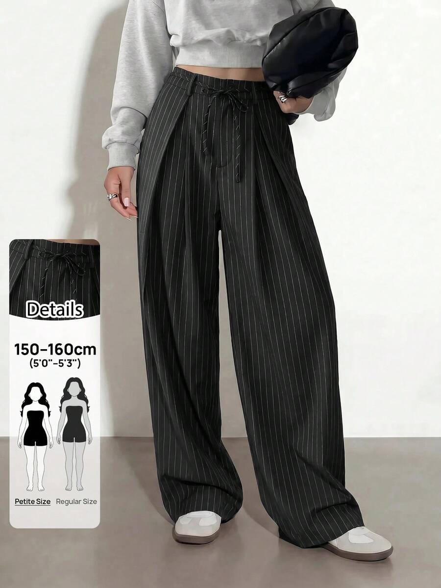 SHEIN PETITE Women's Casual Business Casual Black And White Striped Striped Trousers, High-Quality And Comfortable Texture, New Style For Summer And Autumn 2026