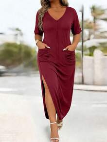 Weeklong Plus Size Women V-Neck Striped Dual Pocket Ruched Slit Hem Casual Knit Dress, Spring/Summer - Burgundy - View 6