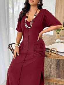 Weeklong Plus Size Women V-Neck Striped Dual Pocket Ruched Slit Hem Casual Knit Dress, Spring/Summer - Burgundy - View 7