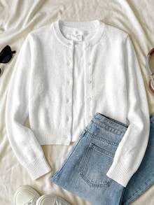 SHEIN Teen Girl Casual Versatile Solid Color Cardigan Back-To-School Graduation White Autumn - White - View 3