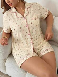 SHEIN Privé 加上碎花印花对比滚边睡衣套装/睡衣套装舒适优雅的细节 - 米色 - 查看 1
