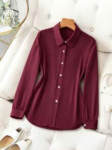 Franclia Turn-Down Collar Basic Transparent Solid Color Minimalist Shirt - Burgundy - View 3