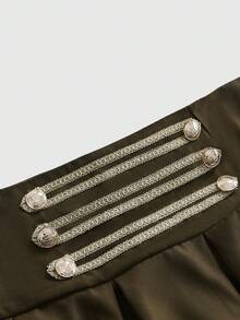 ROMWE Y2K Vintage Napoleon Ribbon Metal Buckle Decor Pleated Ultra Low Waist Women's Skirt - Brown - View 3