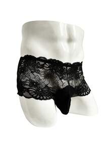 SHEIN 1pc Men's Low Waist Sexy Lace Boxer Briefs - Black - View 1