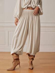 Anewsta Essential Anewsta Spring/Summer New Textured Waist Pleated Lantern Pants, Draped Cuffed Wide Leg Casual Slimming Versatile Loose Fit - Apricot - View 4